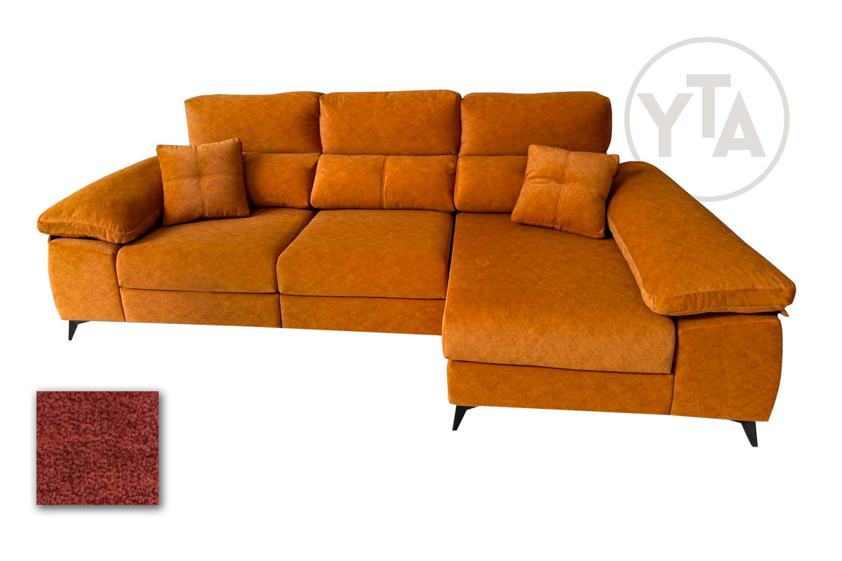 SOFÁ-CHAISSELONG DE 275 CMS DE ANCHO. MOD. LEO. PATAS ALTAS. DERECHA. TAPIZADO EN TELA AURELLA 08 ROJIZO