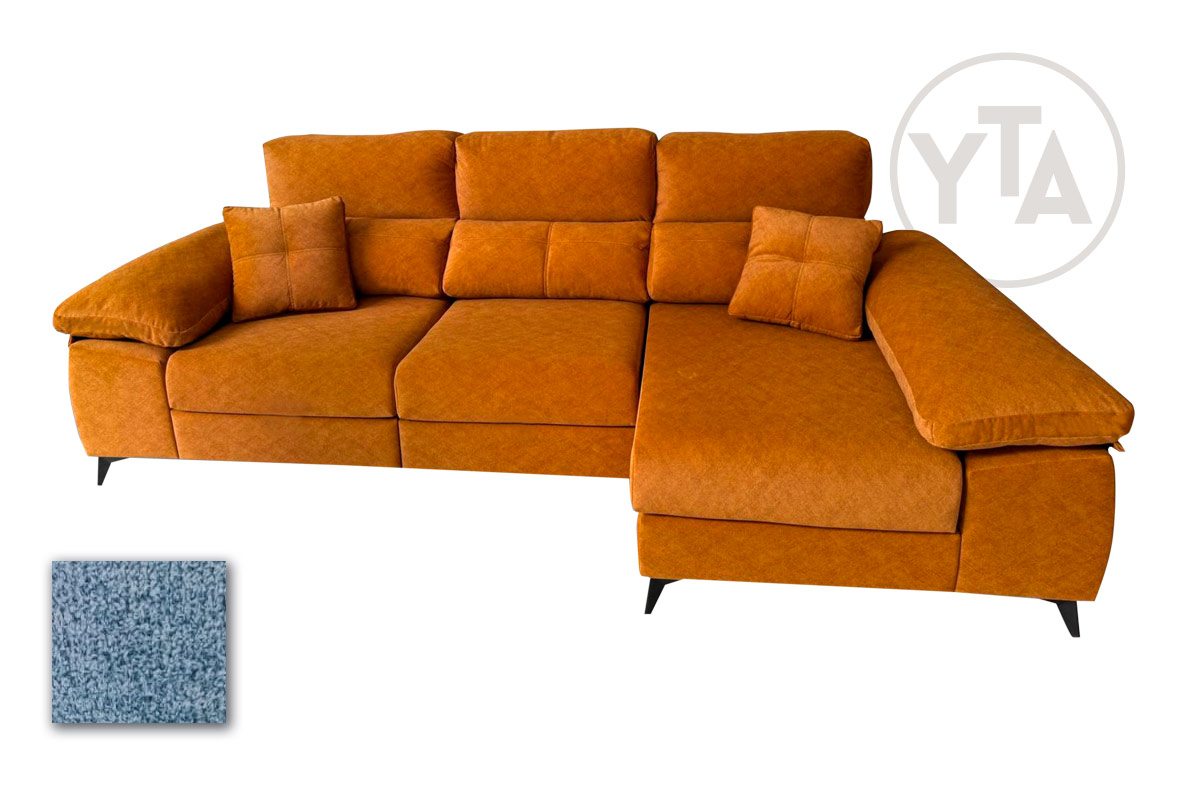 SOFÁ-CHAISSELONG DE 245 CMS DE ANCHO. MOD. LEO. PATAS ALTAS. DERECHA. TAPIZADO EN TELA AURELLA 13 CELESTE