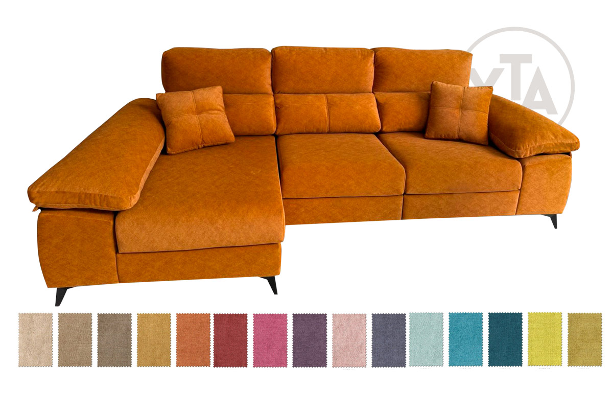 SOFÁ-CHAISSELONG DE 275 CMS DE ANCHO. MOD. LEO. PATAS ALTAS. IZQUIERDA. TAPIZADO EN TELA COLOR A ELEGIR
