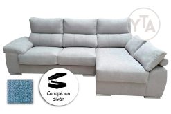 SOFÁ-CHAISSELONG DE 230 CMS DE ANCHO.  MOD. POLARIS.  DERECHA. CON CANAPÉ. TAPIZADO EN TELA AURELLA 13 CELESTE