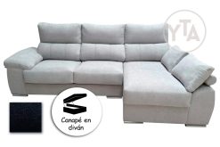 SOFÁ-CHAISSELONG DE 230 CMS DE ANCHO.  MOD. POLARIS.  DERECHA. CON CANAPÉ. TAPIZADO EN TELA AURELLA 15 GRIS