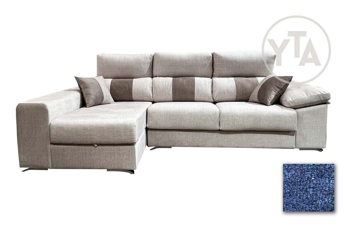 SOFÁ-CHAISSELONG DE 280 CMS DE ANCHO. MOD. PERSEO. IZQUIERDA. TAPIZADO EN TELA AURELLA 14 AZUL